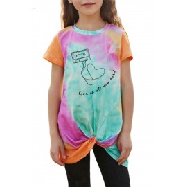 Orange Tie Dye Tape Letter Graphic Print Twist Knot Girl's T Shirt