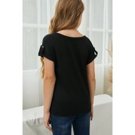 Black Roll up Short Sleeve Girls' Top with Buttons